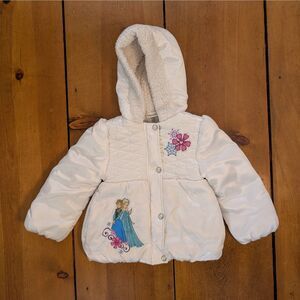 Disney Frozen Jacket Girls 4 White Hooded Quilted Puffer Coat Elsa Anna Fleece